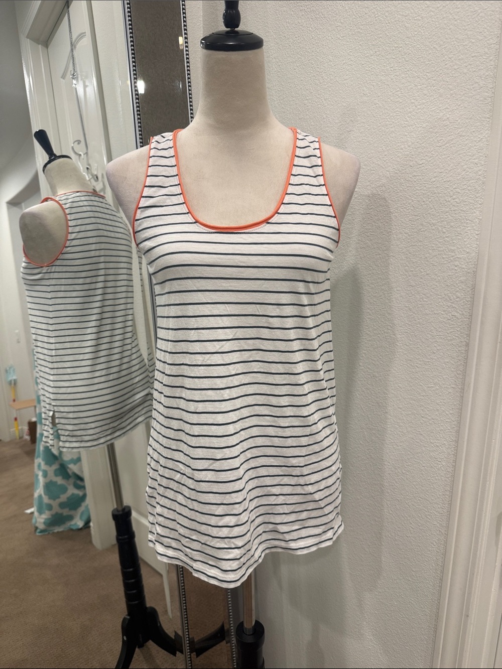Lilla P Navy & White Striped Tank with Orange Trim